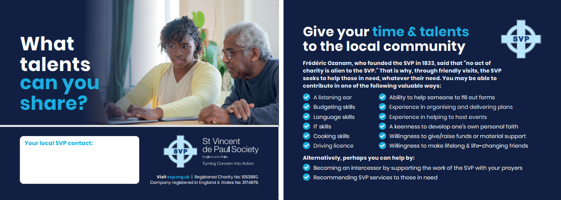 A6 postcard to take away x 25: Recruitment: What talents can you share? Give your time and talents to the local community