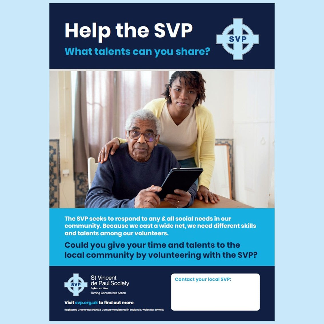 A3 Poster: Recruitment: Help the SVP | What talents can you share? | Could you give your time and talents to the local community by volunteering with the SVP?