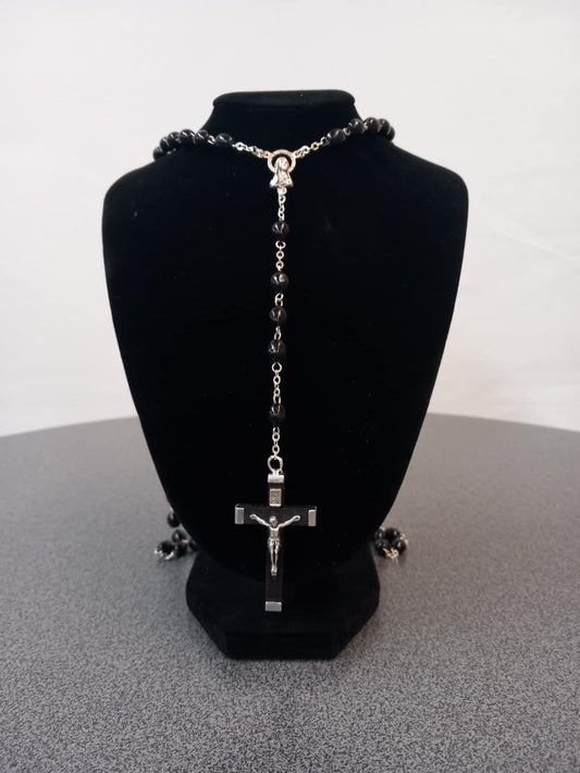 Oval 7 mm beads wood rosary (Black). Complete with SVP blue gift bag.