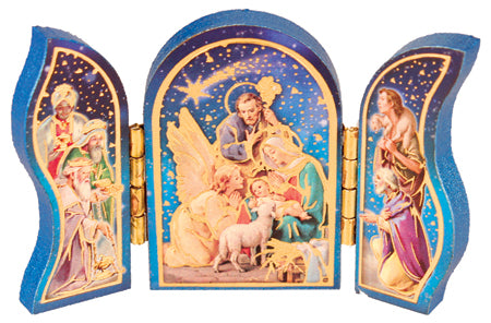 Wood Nativity Triptych with Gold Foil Highlights