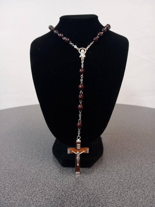 Oval 7 mm beads wood rosary (Red). Complete with SVP blue gift bag.