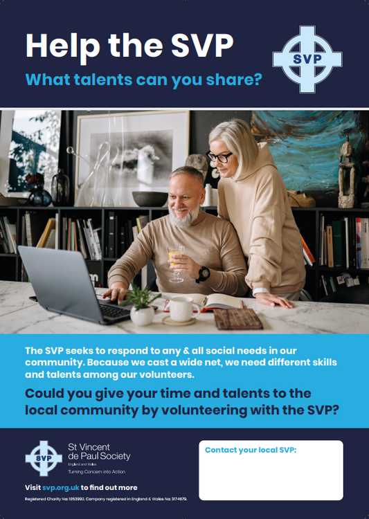 A3 Poster: Recruitment: Help the SVP | What talents can you share? | Could you give your time and talents to the local community by volunteering with the SVP?